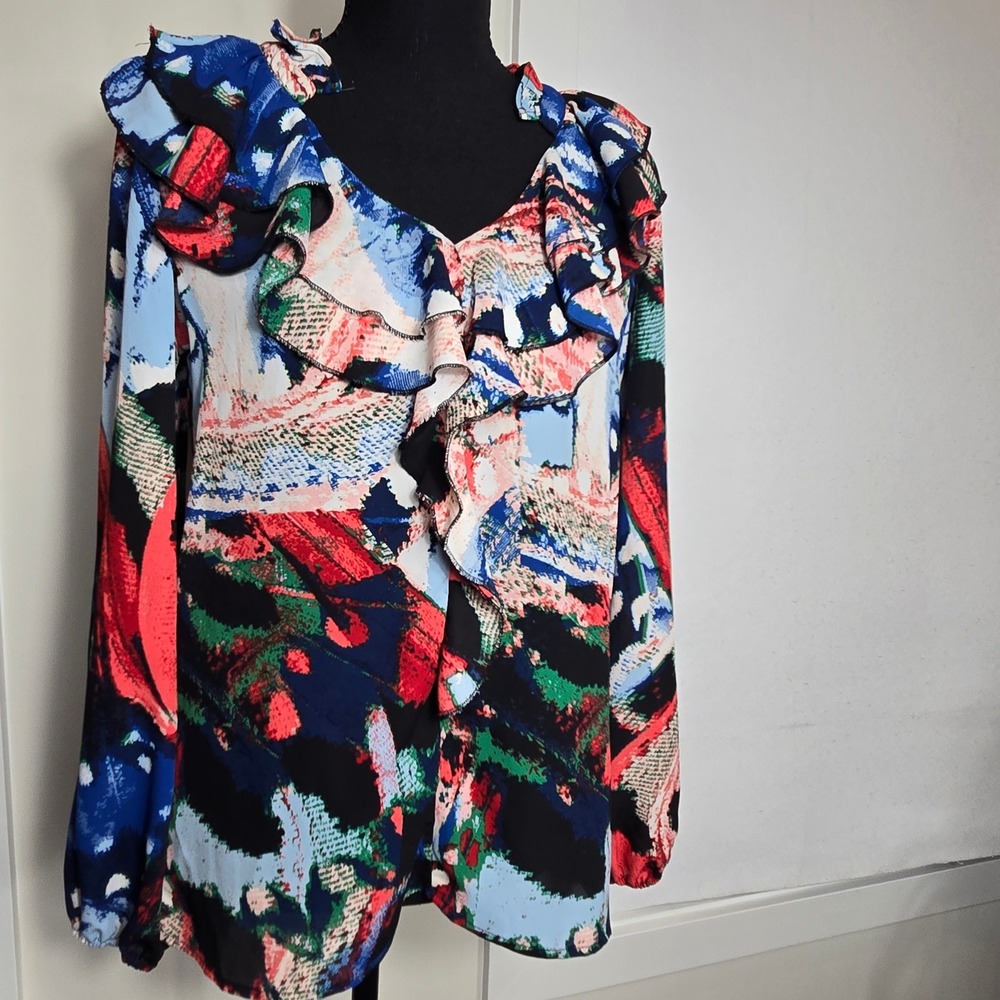 NY&C Ruffle Blouse Womens Small Multicolor Abstract V-Neck Long Sleeve (T12)
